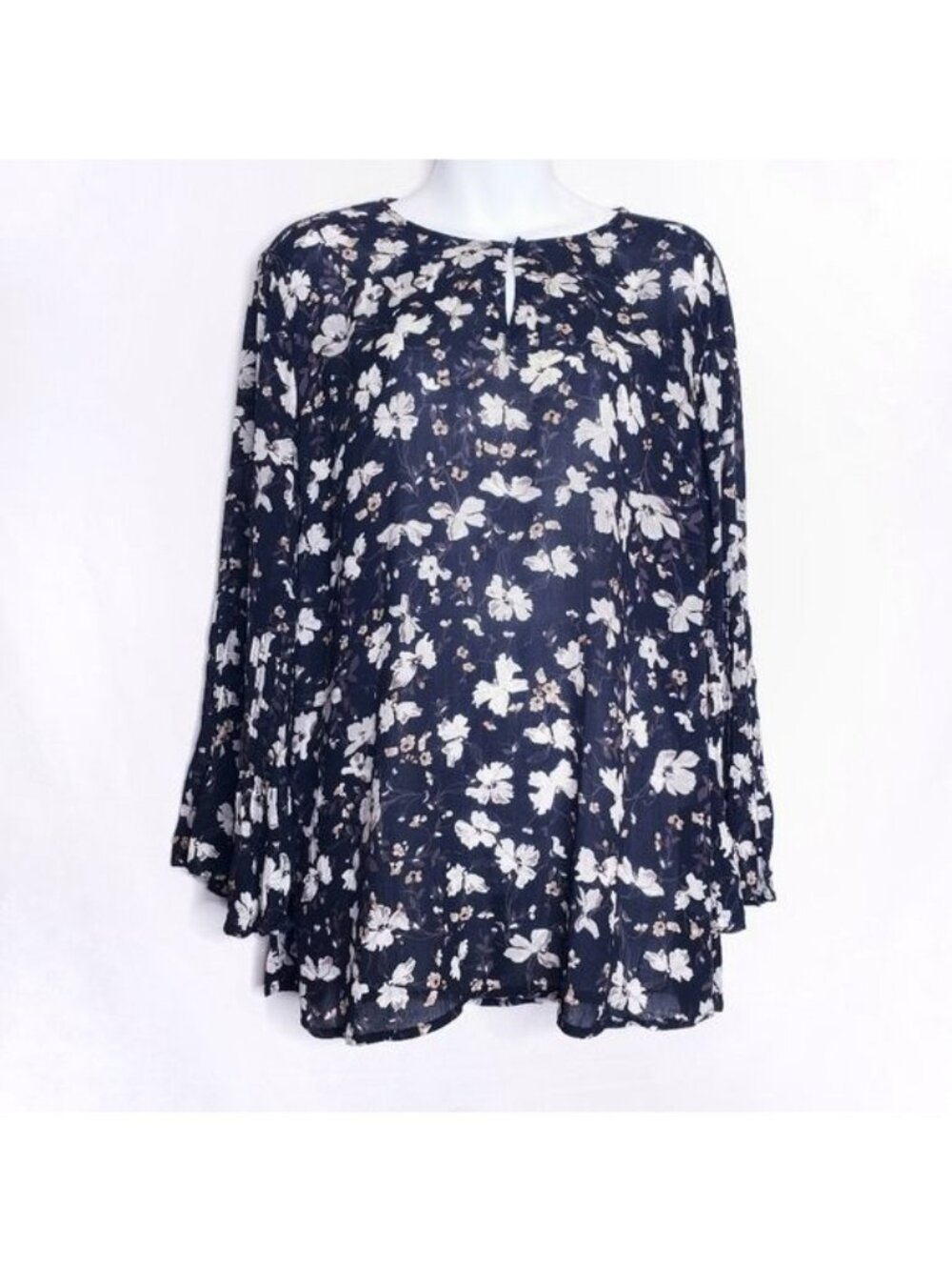J. Jill Black Floral Bell Sleeve Semi Sheer Tunic Blouse Top Women's Size Large